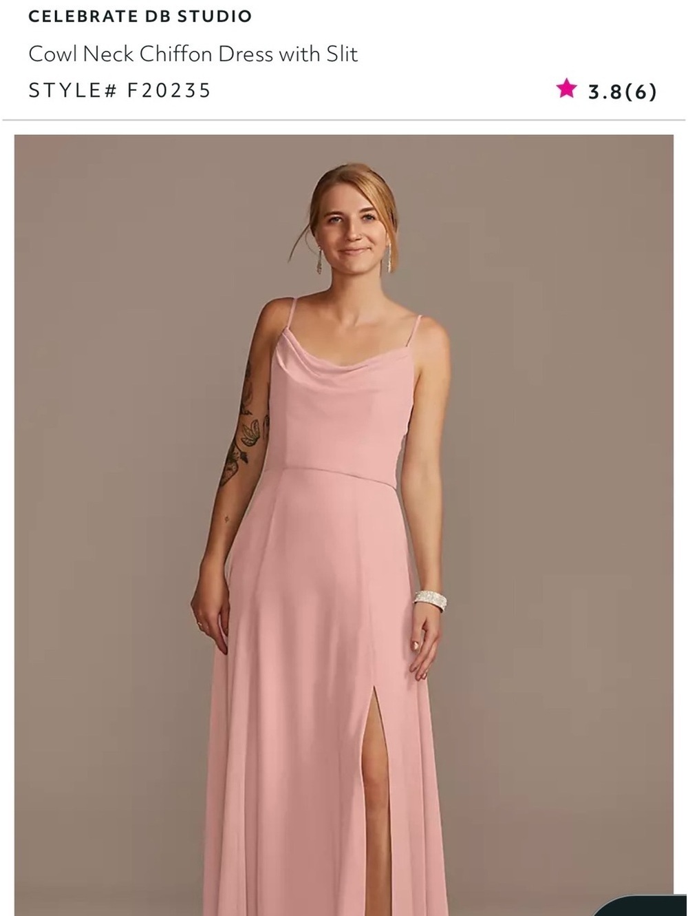 David’s Bridal Cowl Neck Pink Dress with Slit